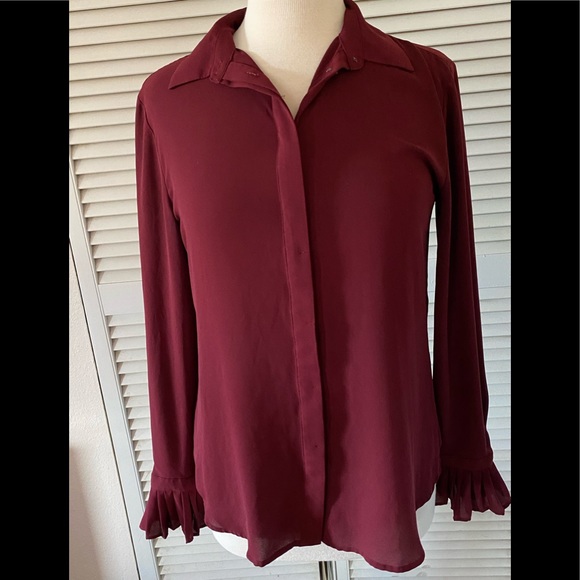 LOFT Burgundy Ruffled Long Sleeve Button Down Blouse Top - Picture 1 of 7